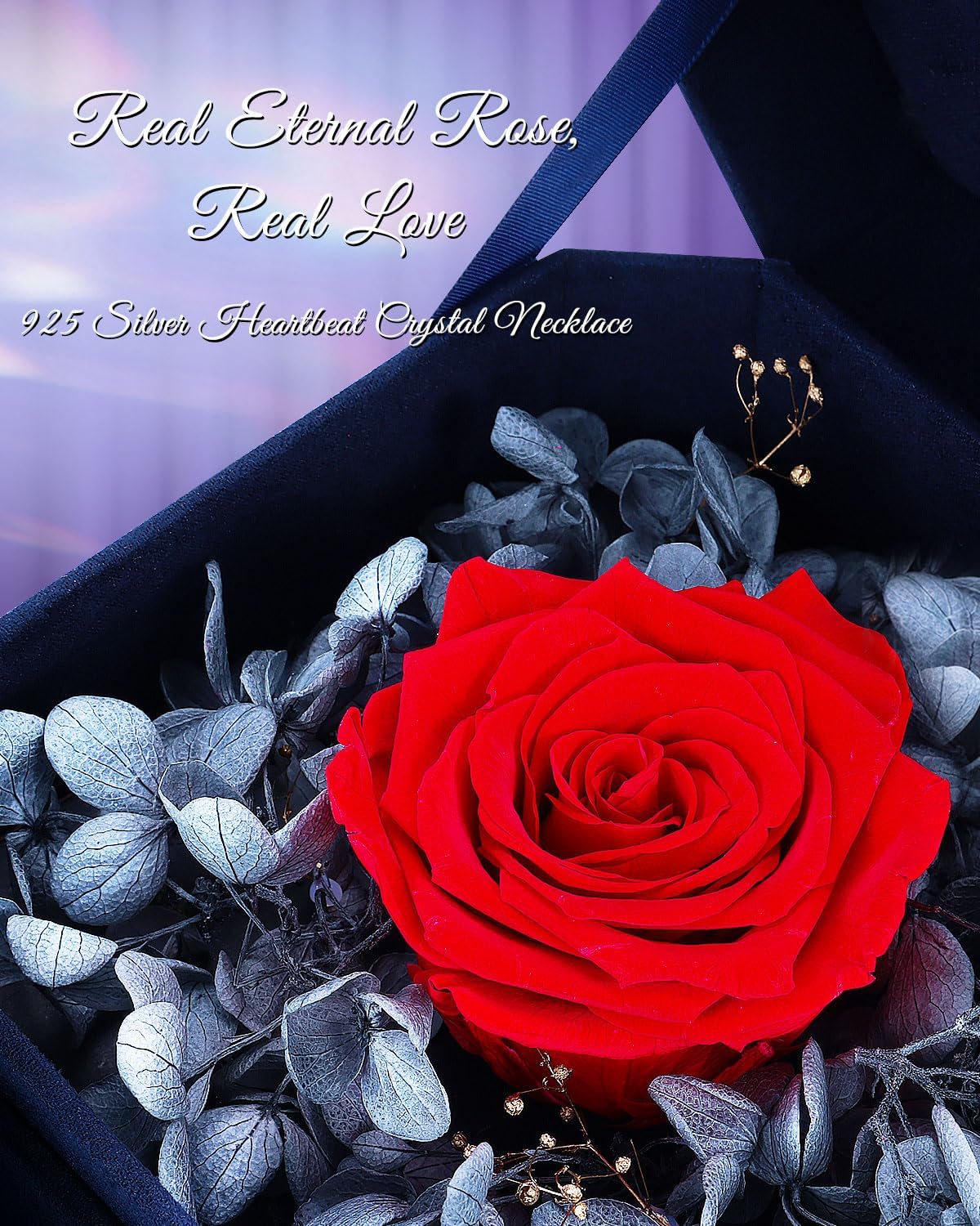 Preserved Rose with 925 Sterling Silver Austrian Crystal Necklace and Earrings